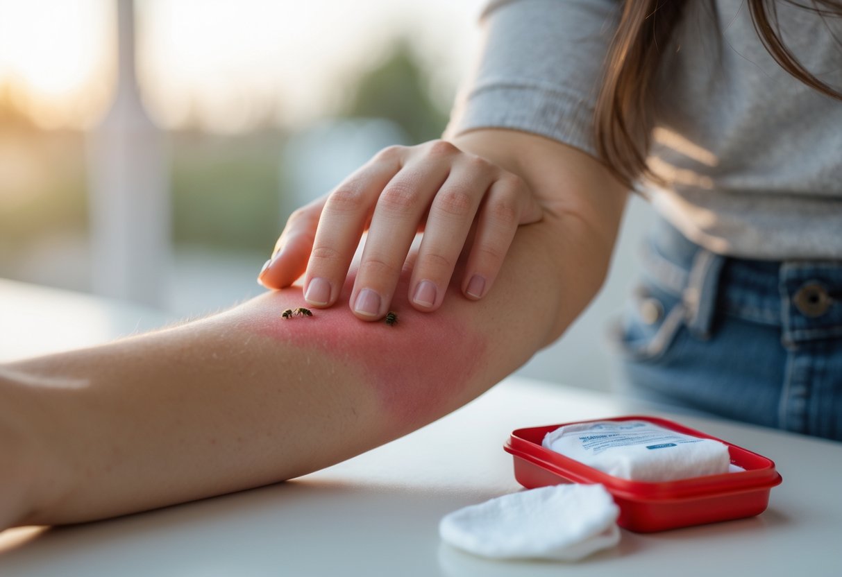 Close-up of a person's forearm with a red, swollen area from a bee sting, and their hand gently touching it.