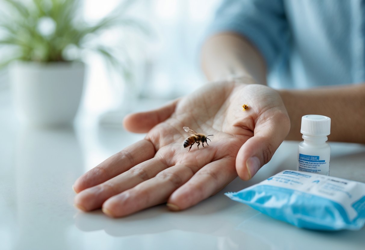 Close-up of a person's hand with a bee sting, next to a first aid kit with antiseptic wipes and medicine.