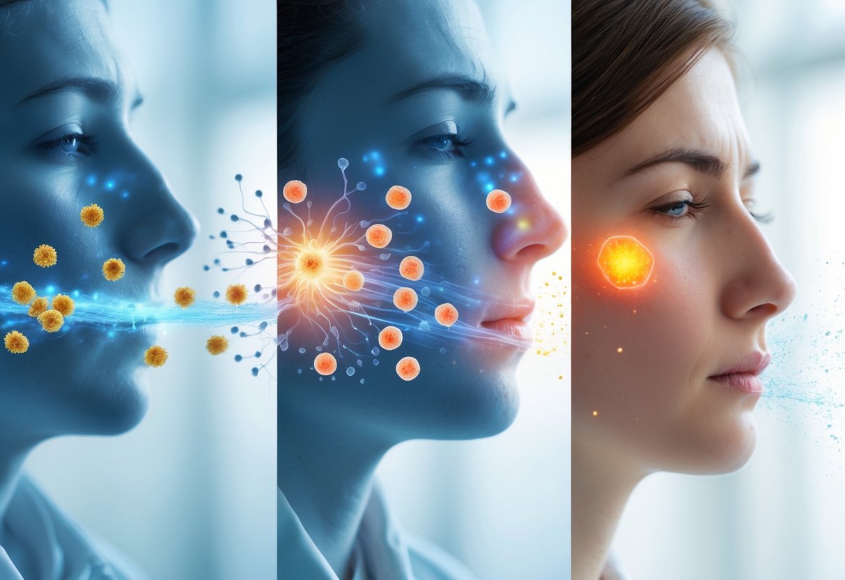 Three-panel image showing the stages of an allergic reaction: allergen exposure, immune activation, and visible allergy symptoms on a person.