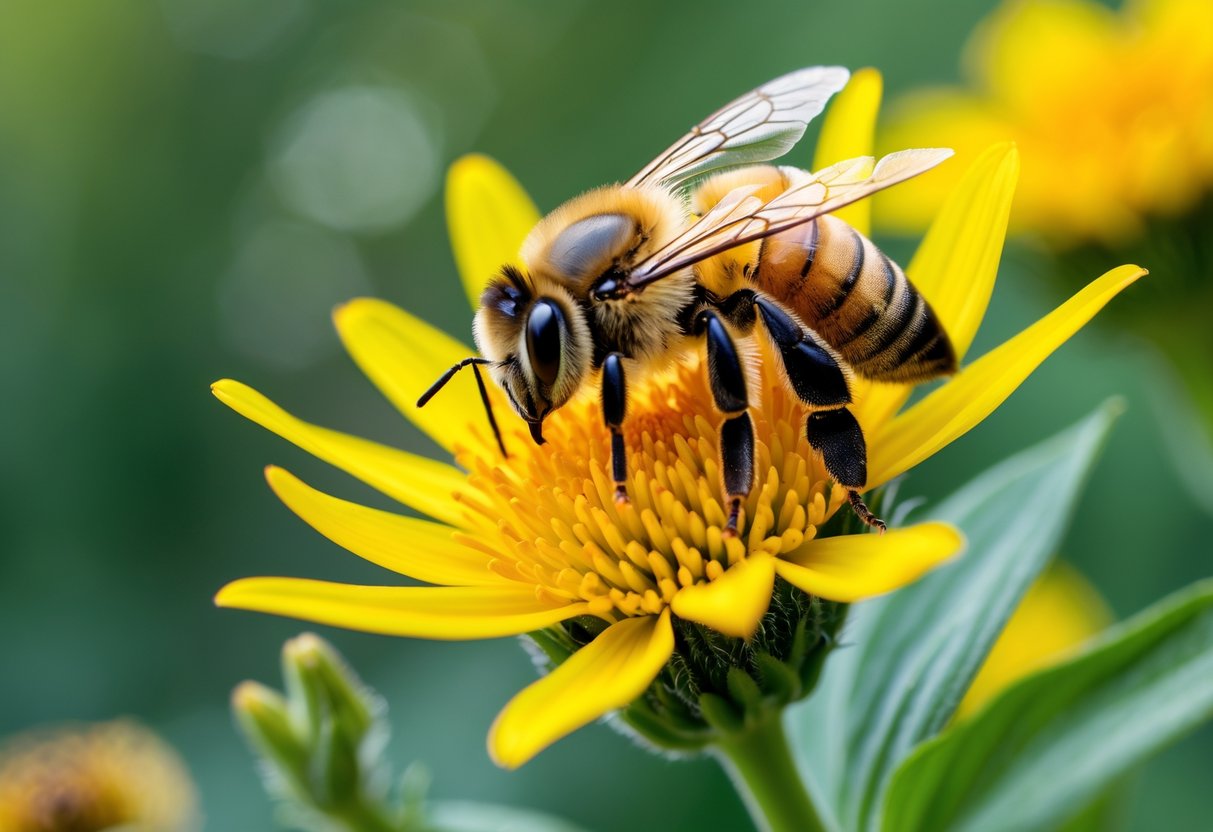 A honeybee sitting on a yellow flower with its stinger visible.