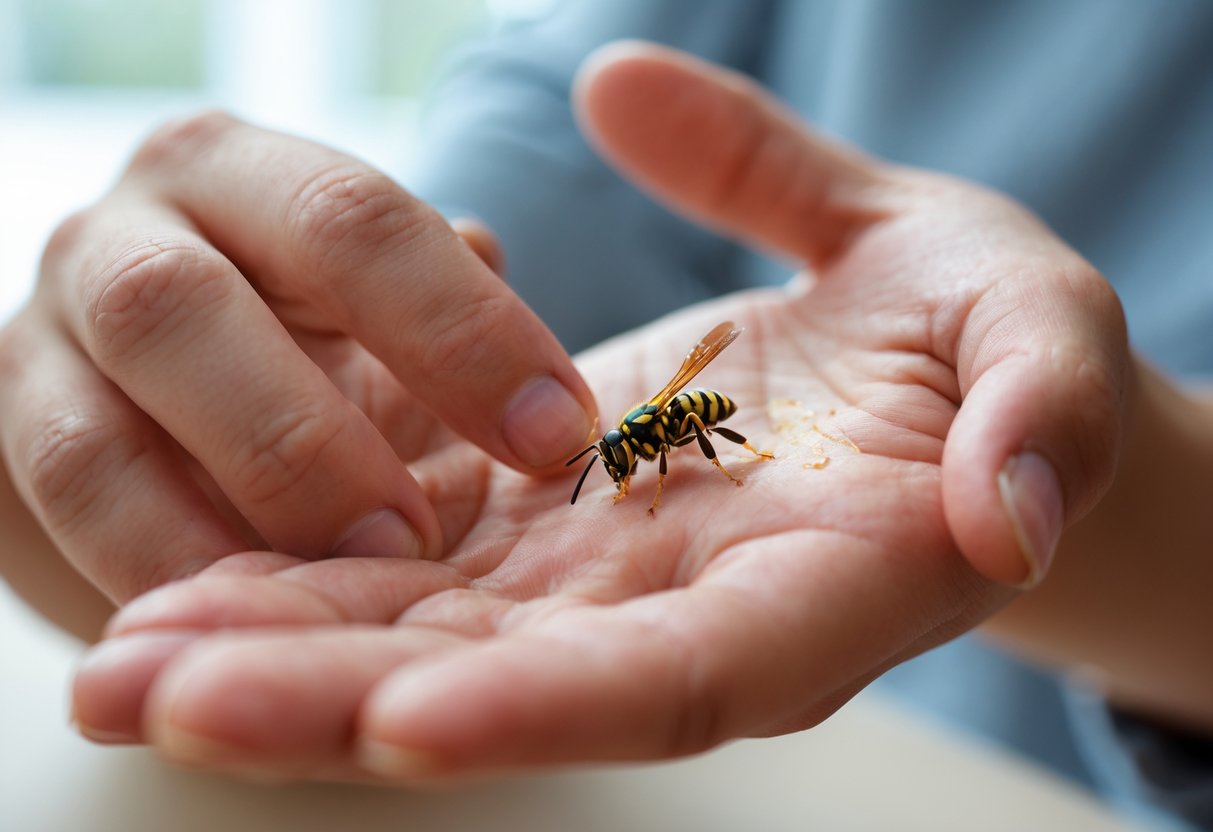 Close-up of a person's hand with a fresh wasp sting being gently touched by the other hand.