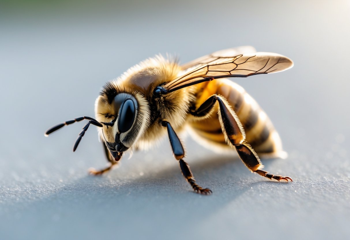 A close-up of a dead honeybee lying on a light surface with its stinger visible.