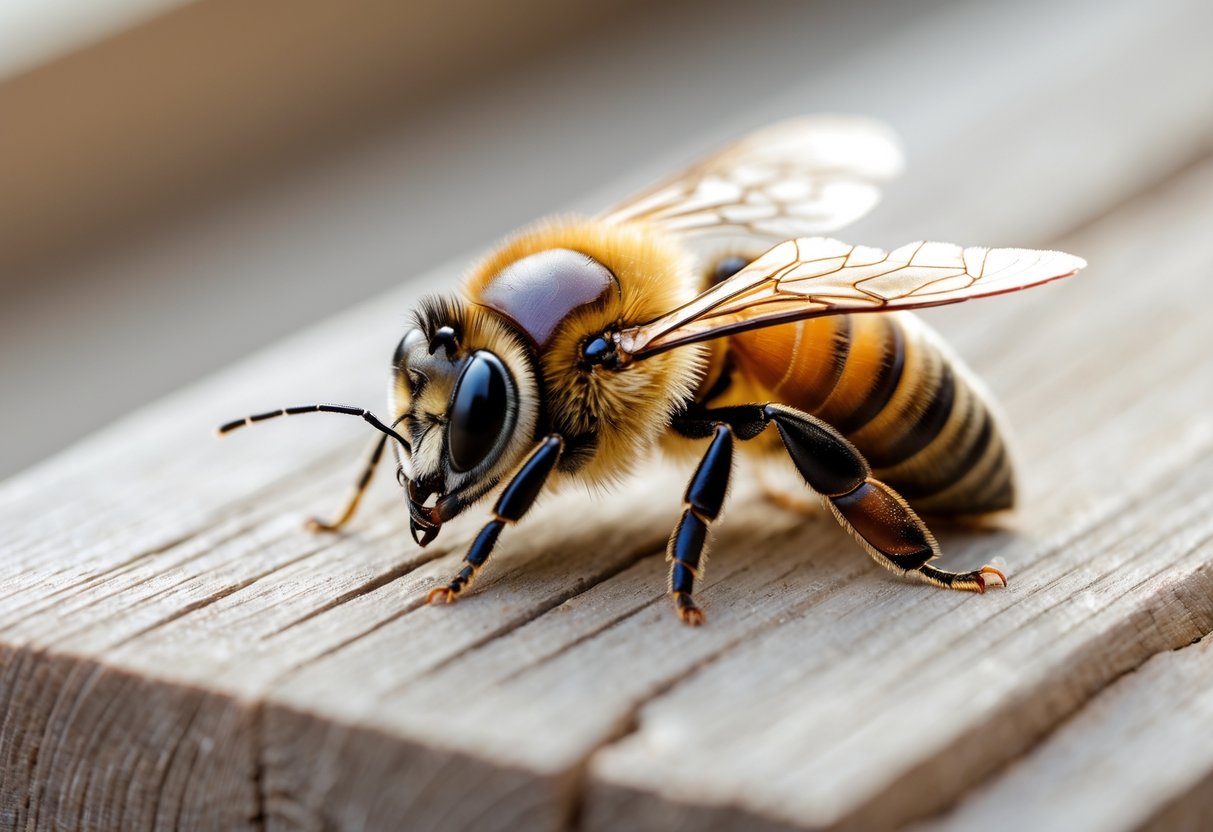 Close-up of a dead honeybee on a wooden surface with its stinger visible.