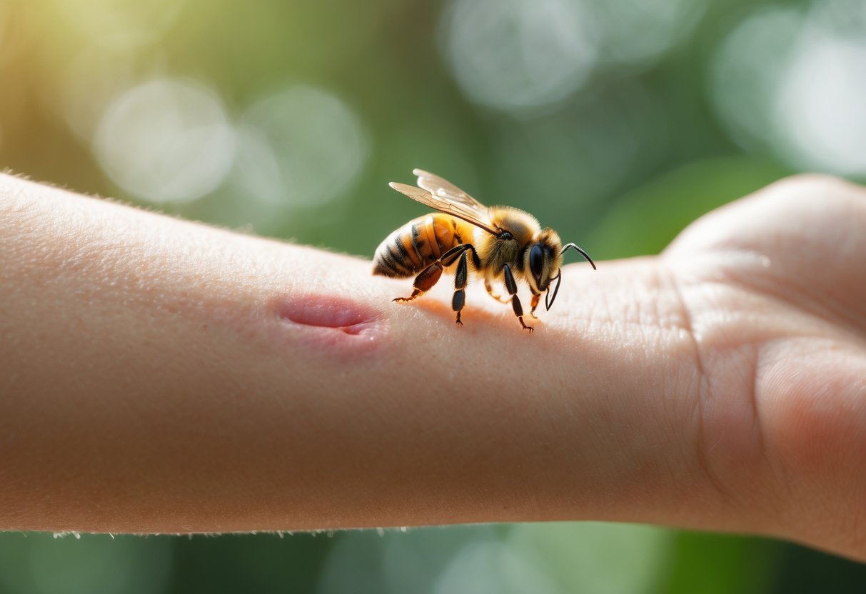 A honeybee stinging a human arm with visible redness and swelling at the sting site.