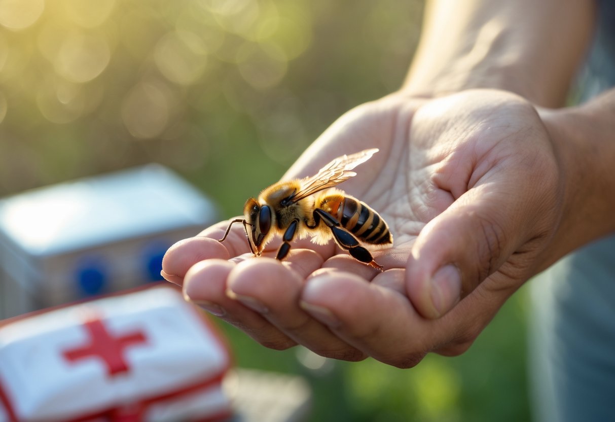 A hand gently holding a dead bee with a first aid kit nearby on a blurred outdoor background.