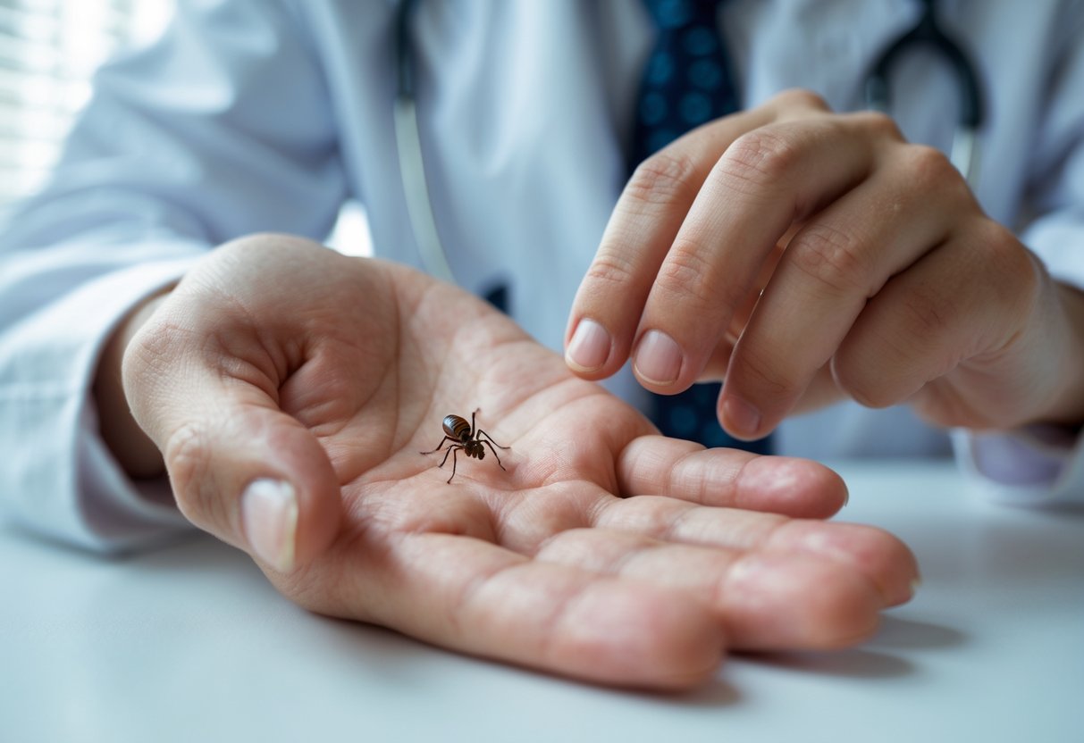 Close-up of a person's hand with an insect sting being gently examined by the person.