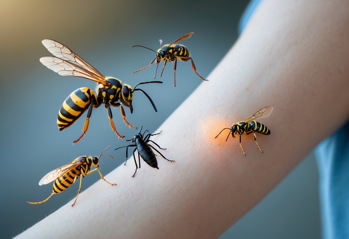 Close-up of a person's arm with a visible insect sting and mild redness, with blurred images of a wasp, bee, and mosquito nearby.