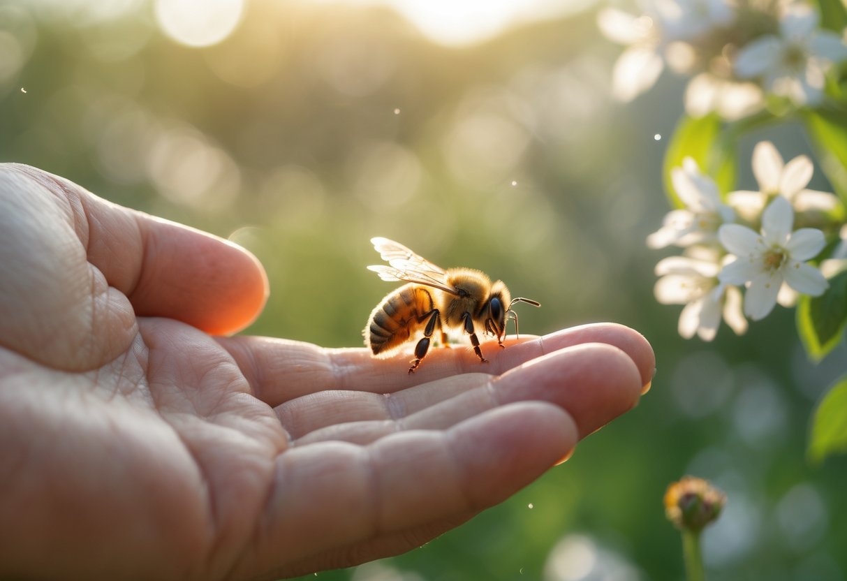A person gently holding a honeybee on their fingertip outdoors with flowers and greenery in the background.