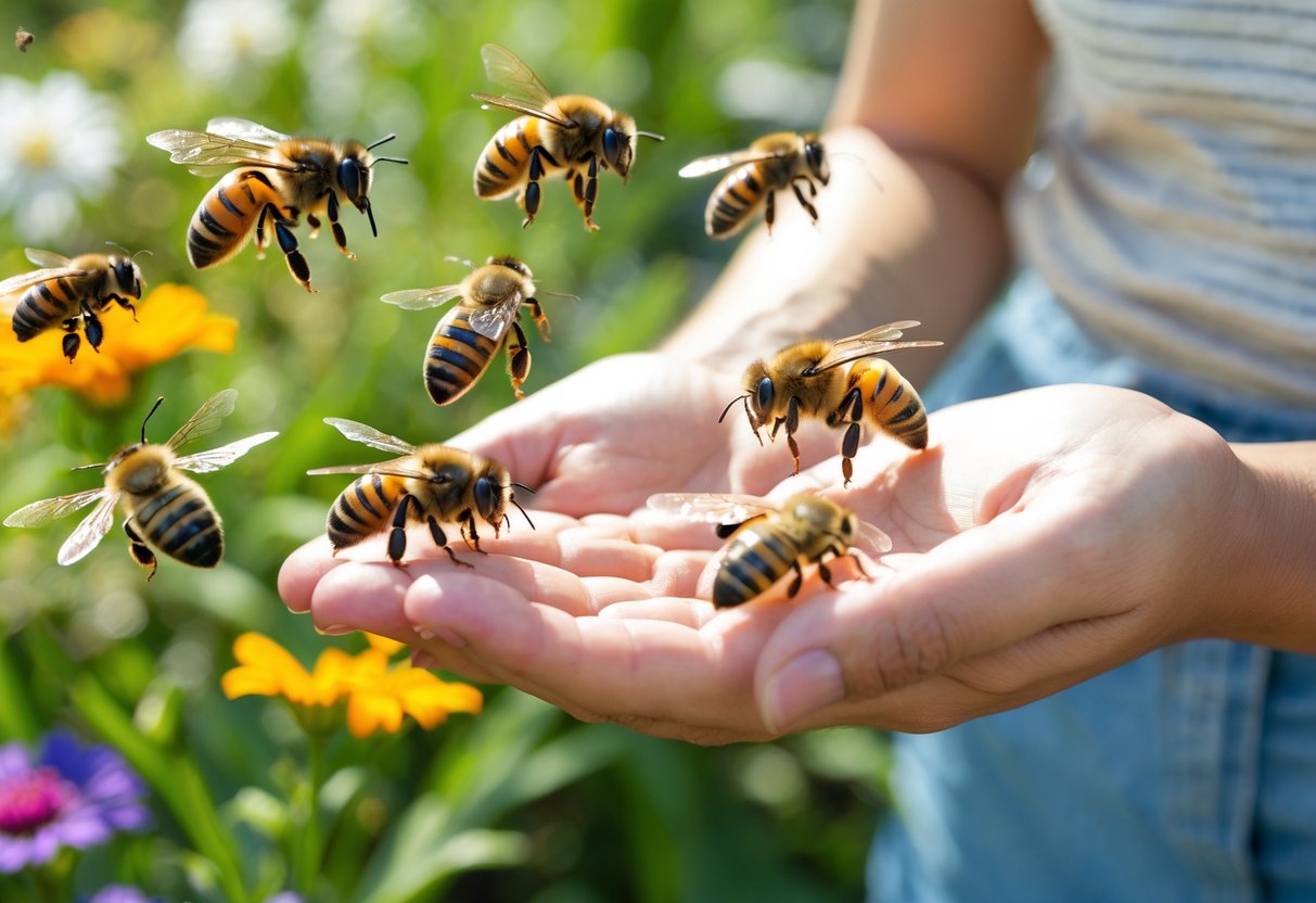 Various bee species gently landing on a person's hand and arm in a sunny garden filled with flowers.