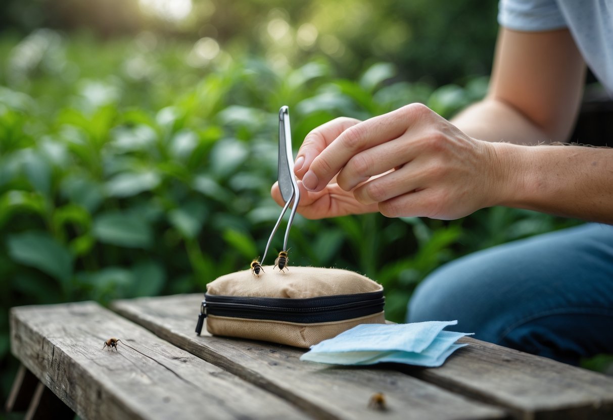 A person carefully removing a bee sting from their hand using tweezers outdoors near a first aid kit on a picnic table.