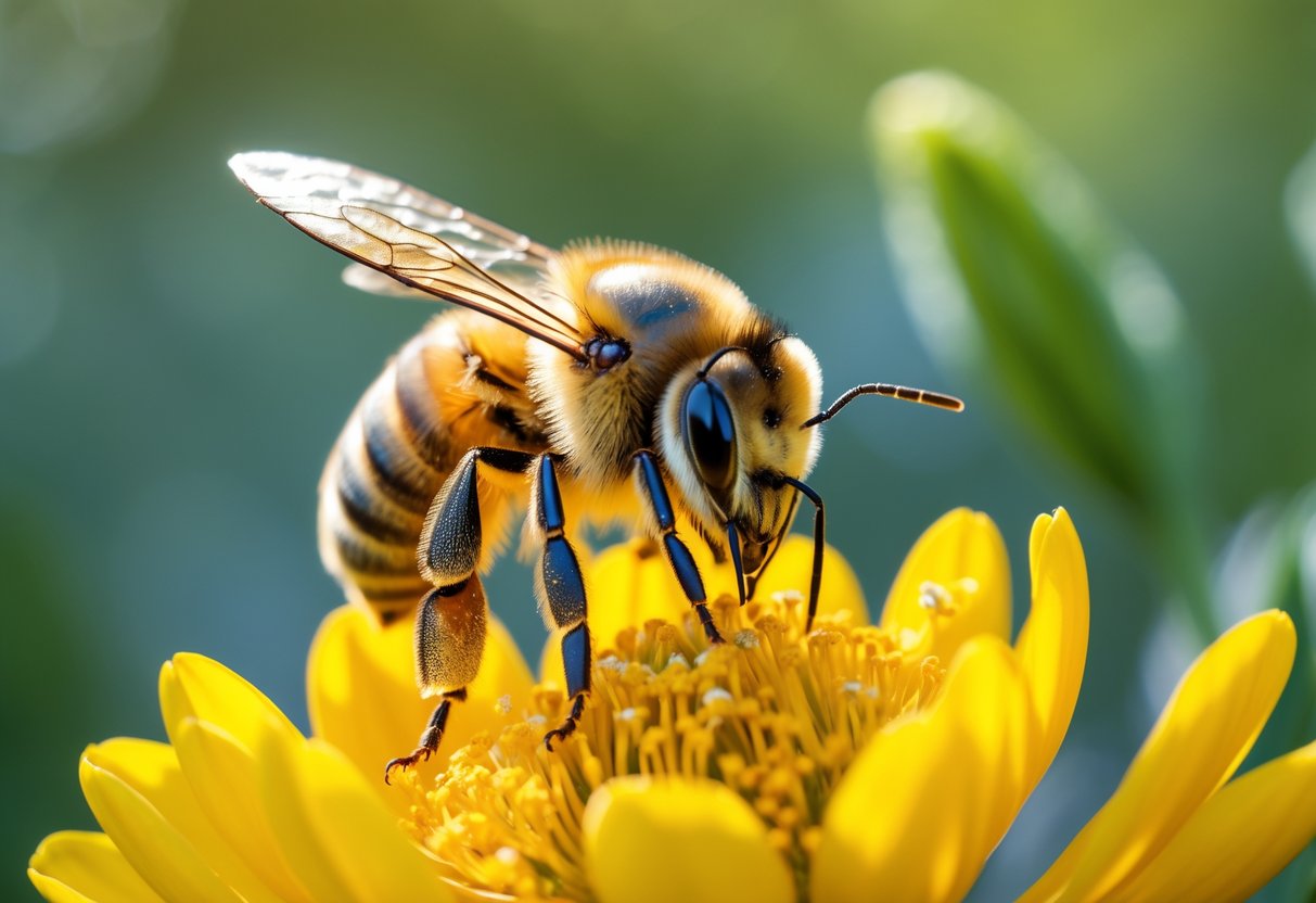 A close-up of a honeybee with its stinger embedded in a yellow flower petal.