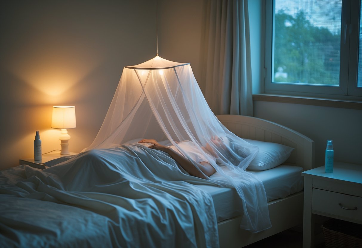 A person sleeping peacefully under a mosquito net in a bedroom with insect repellent on the nightstand and a screened window.