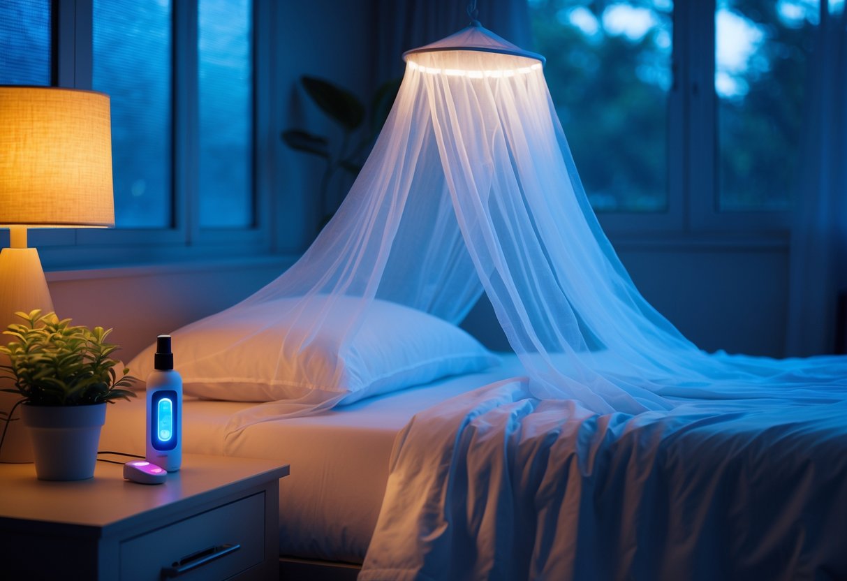 A bedroom at night with a bed covered by a mosquito net, a bedside table holding an electric mosquito repellent and insect spray, and closed windows with screens.