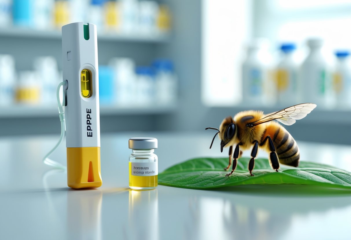 Close-up of an EpiPen injector next to a honeybee on a green leaf with a blurred pharmacy background.