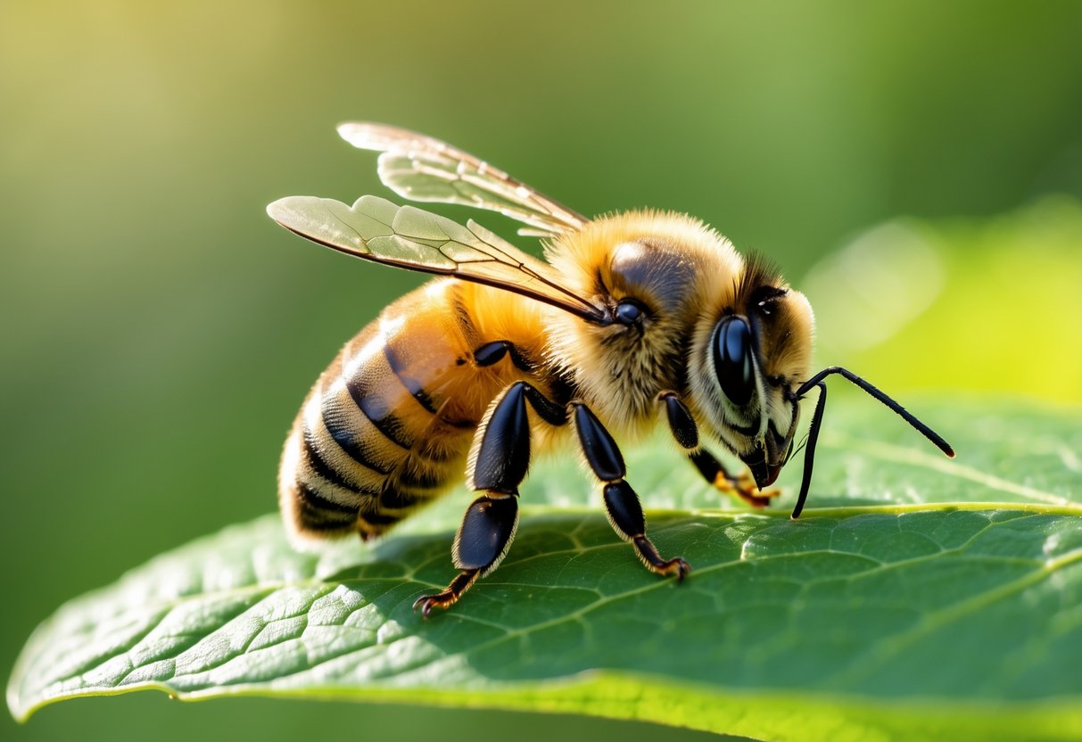A close-up of a honeybee resting on a green leaf with its stinger missing.