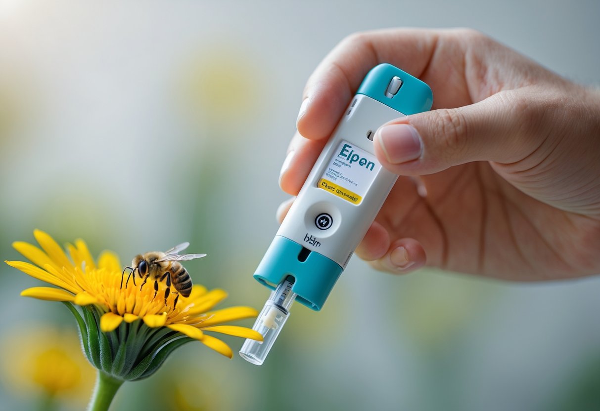 A hand holding an EpiPen near a yellow flower with a bee on it.