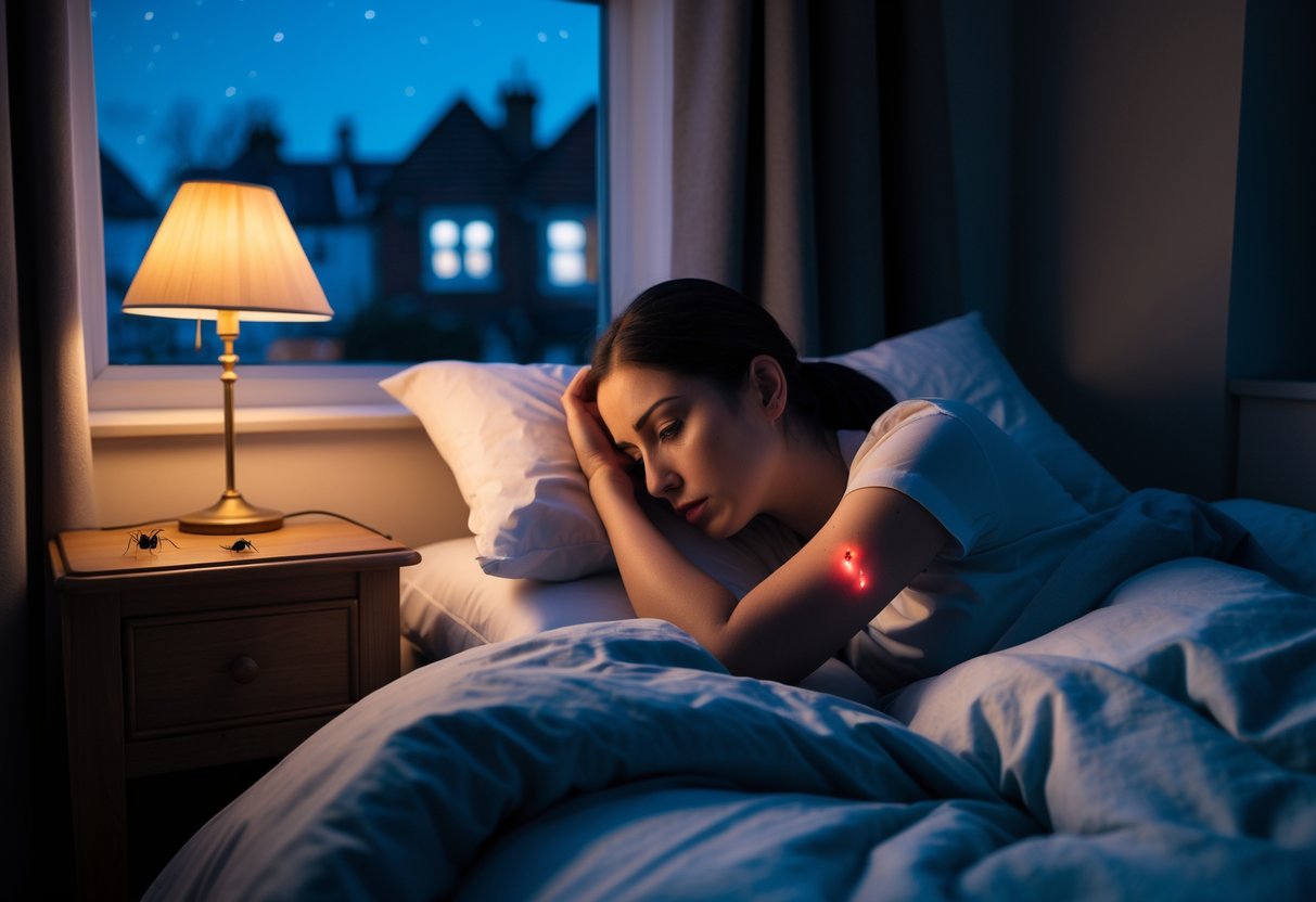 Person lying in bed at night looking at red insect bites on their arm with a bedside lamp and window showing night outside.
