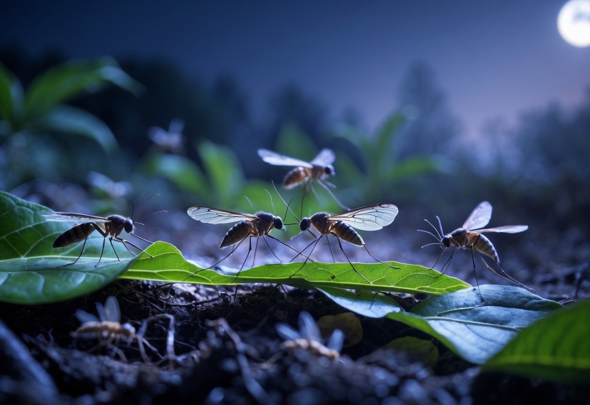 Close-up of common night-time biting insects like midges and mosquitoes resting on leaves in a dimly lit garden at night.