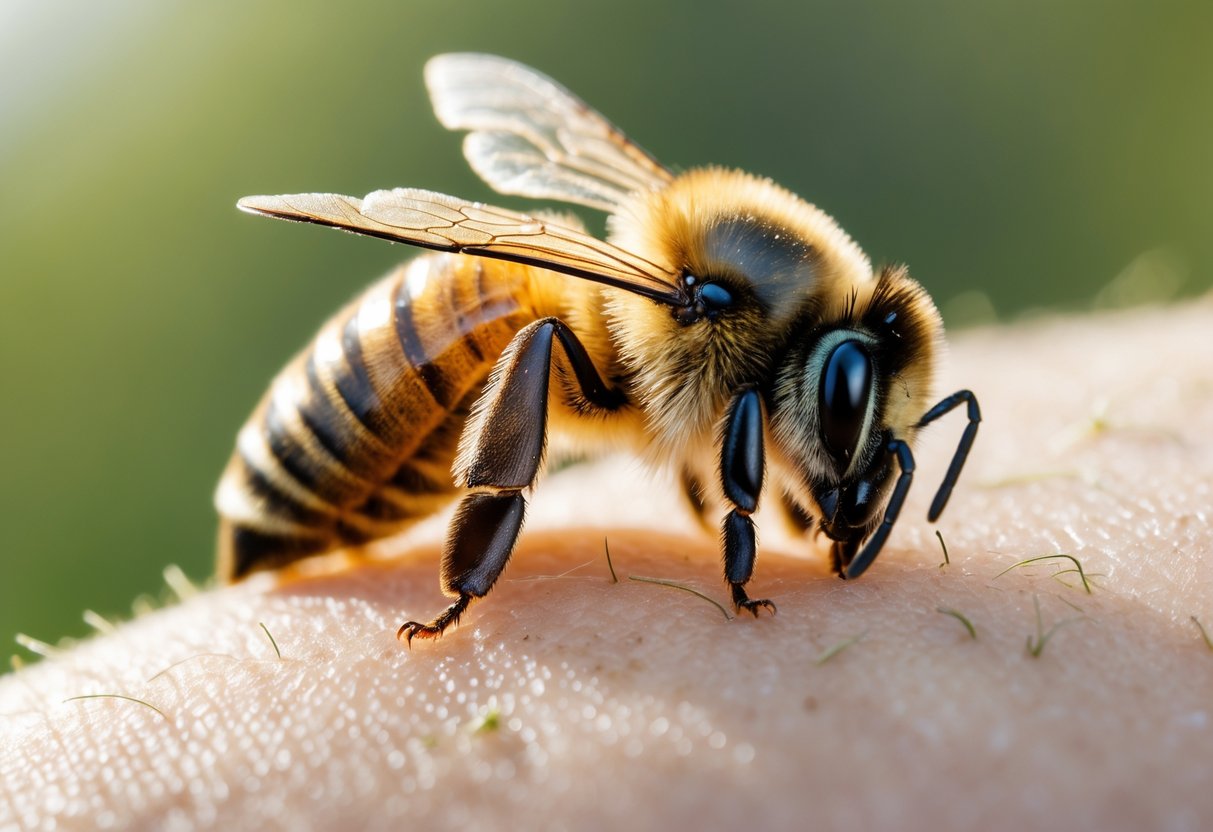 Close-up of a honeybee biting human skin with a blurred green background.
