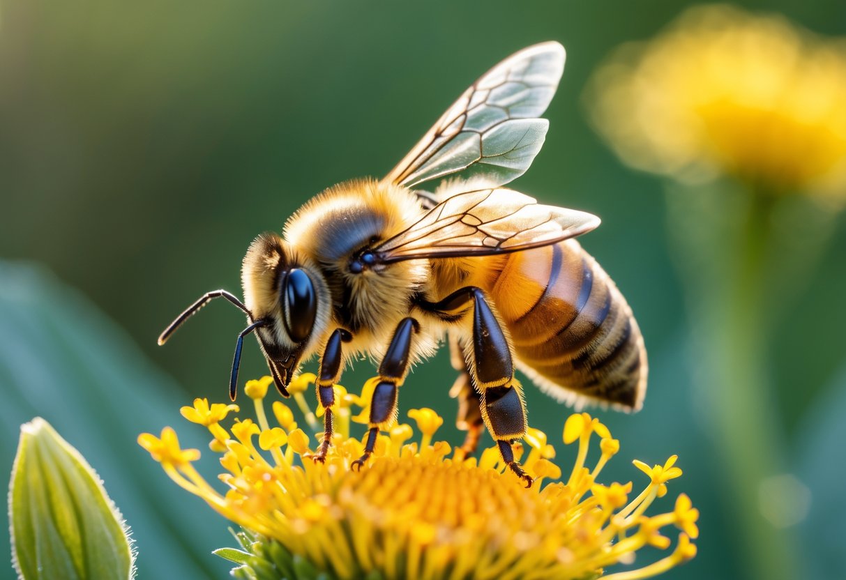 A close-up of a honeybee sitting on a yellow flower with green blurred background.