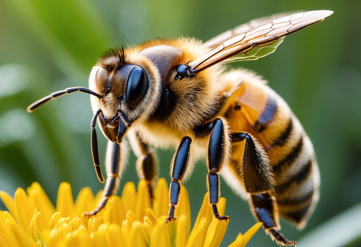Close-up of an aggressive Africanized honey bee on a yellow flower with green foliage in the background.