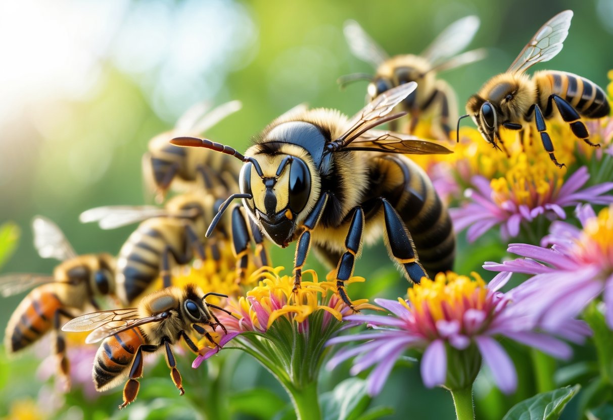 Close-up of different bee species on flowers, with one aggressive-looking bee in the foreground among others collecting nectar.