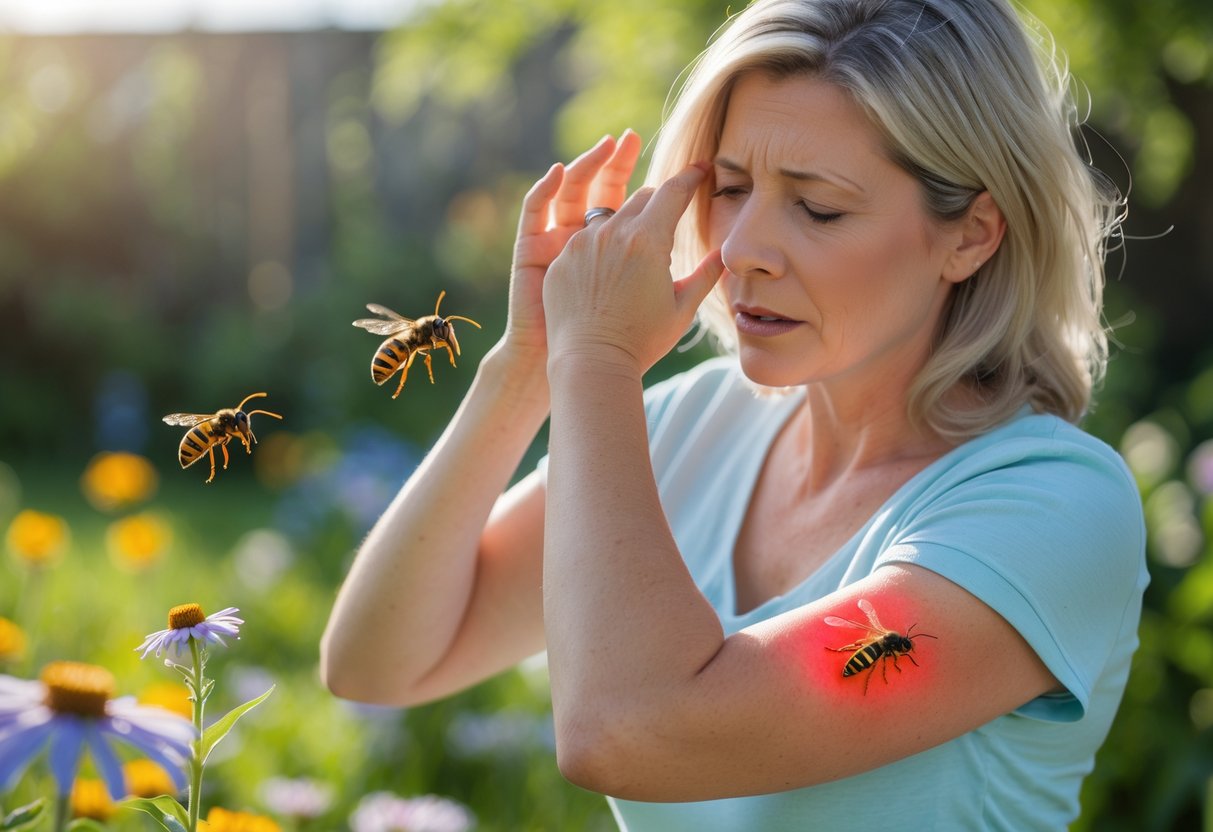 A woman outdoors looking at a swollen, red wasp sting on her forearm with a small wasp nearby on a flower.