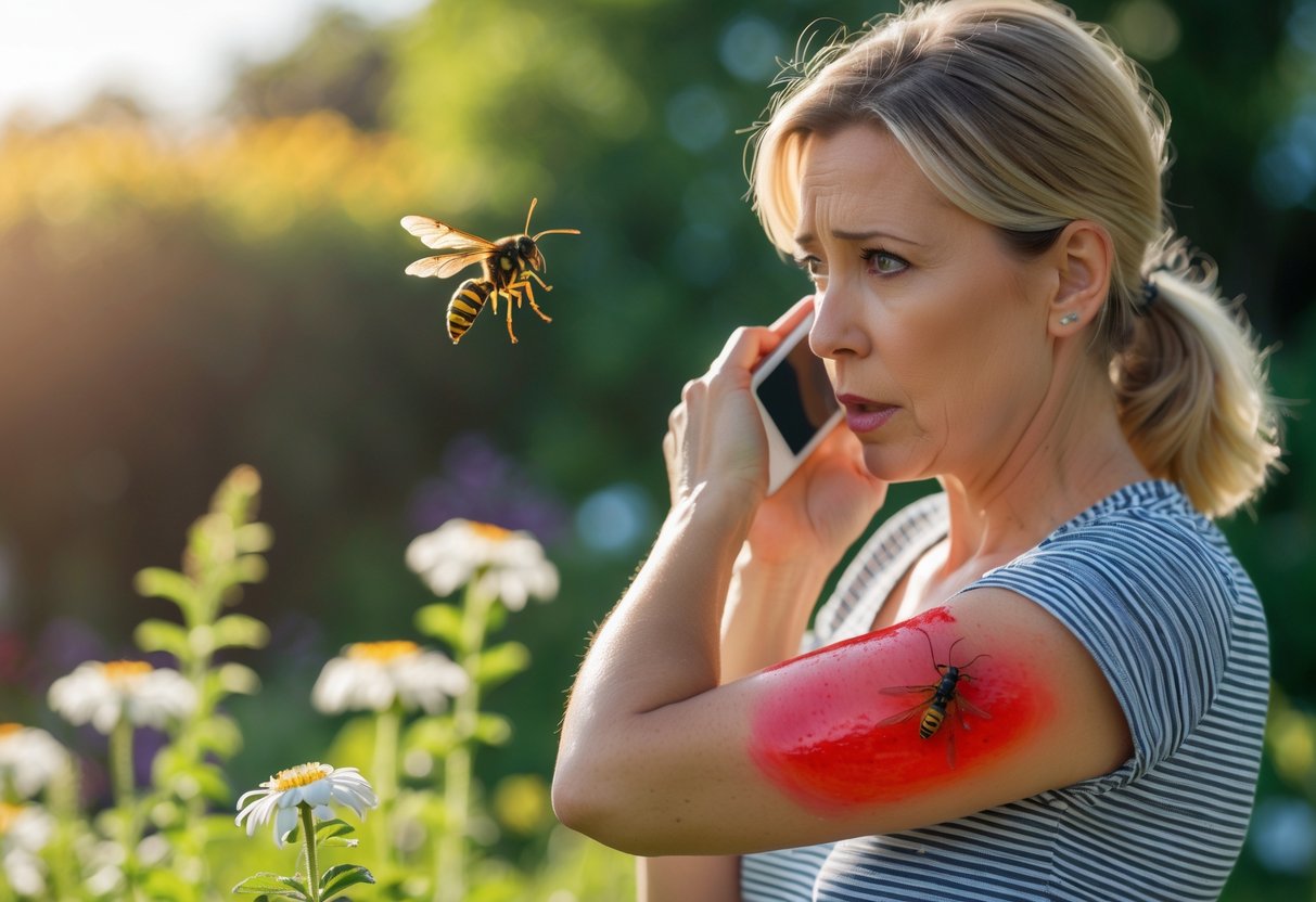 A woman outdoors holding her swollen red arm after a wasp sting, looking worried and about to use her phone for emergency help.