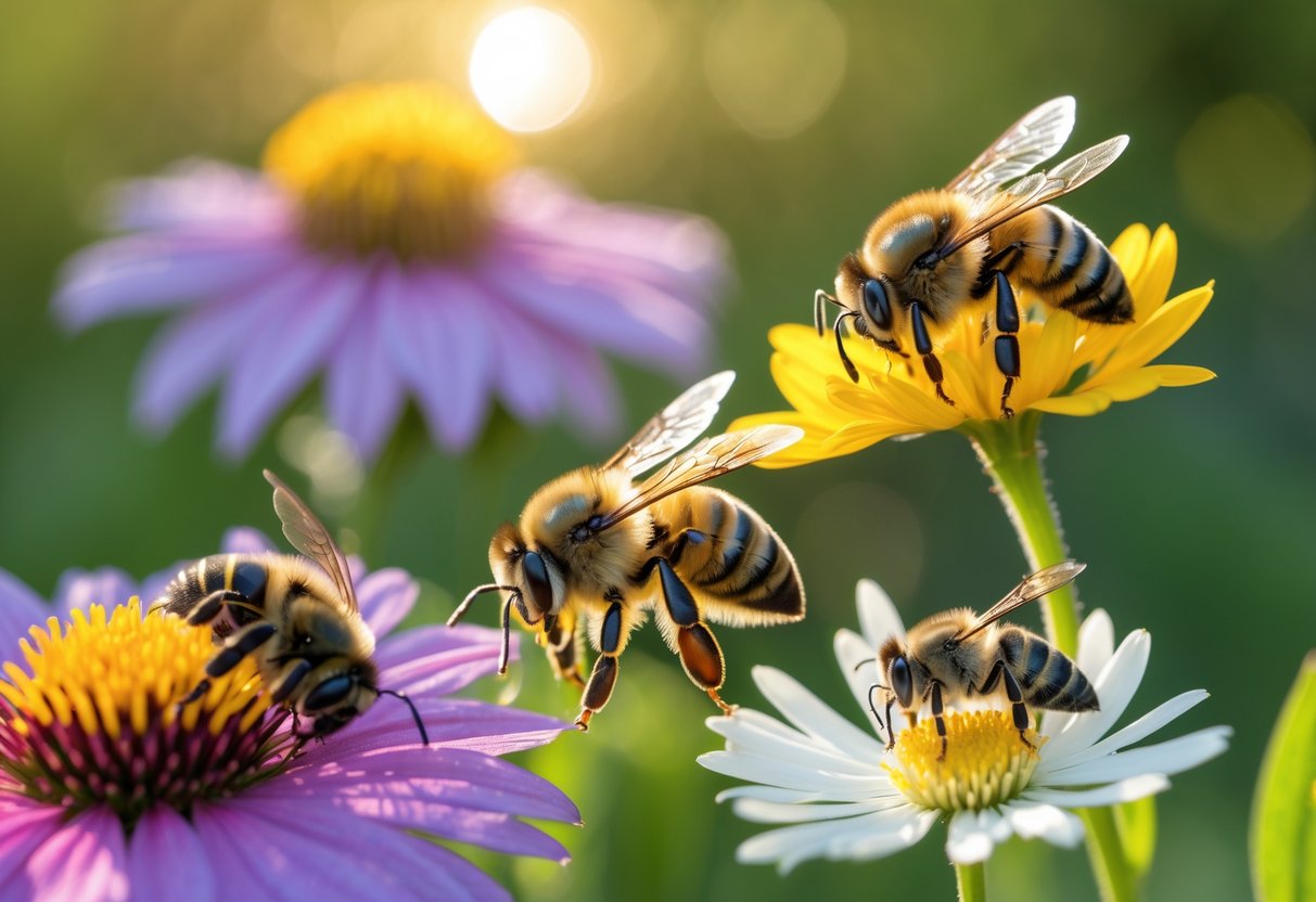 Three different bees resting on colorful flowers in a sunlit garden, including a bumblebee, a honeybee, and a small stingless bee.