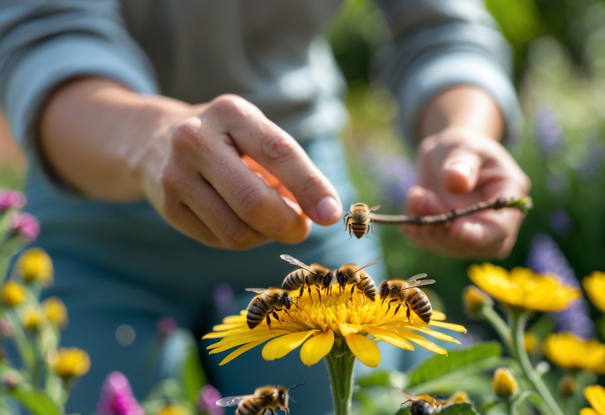 A person calmly observing bees pollinating a yellow flower in a sunny garden.