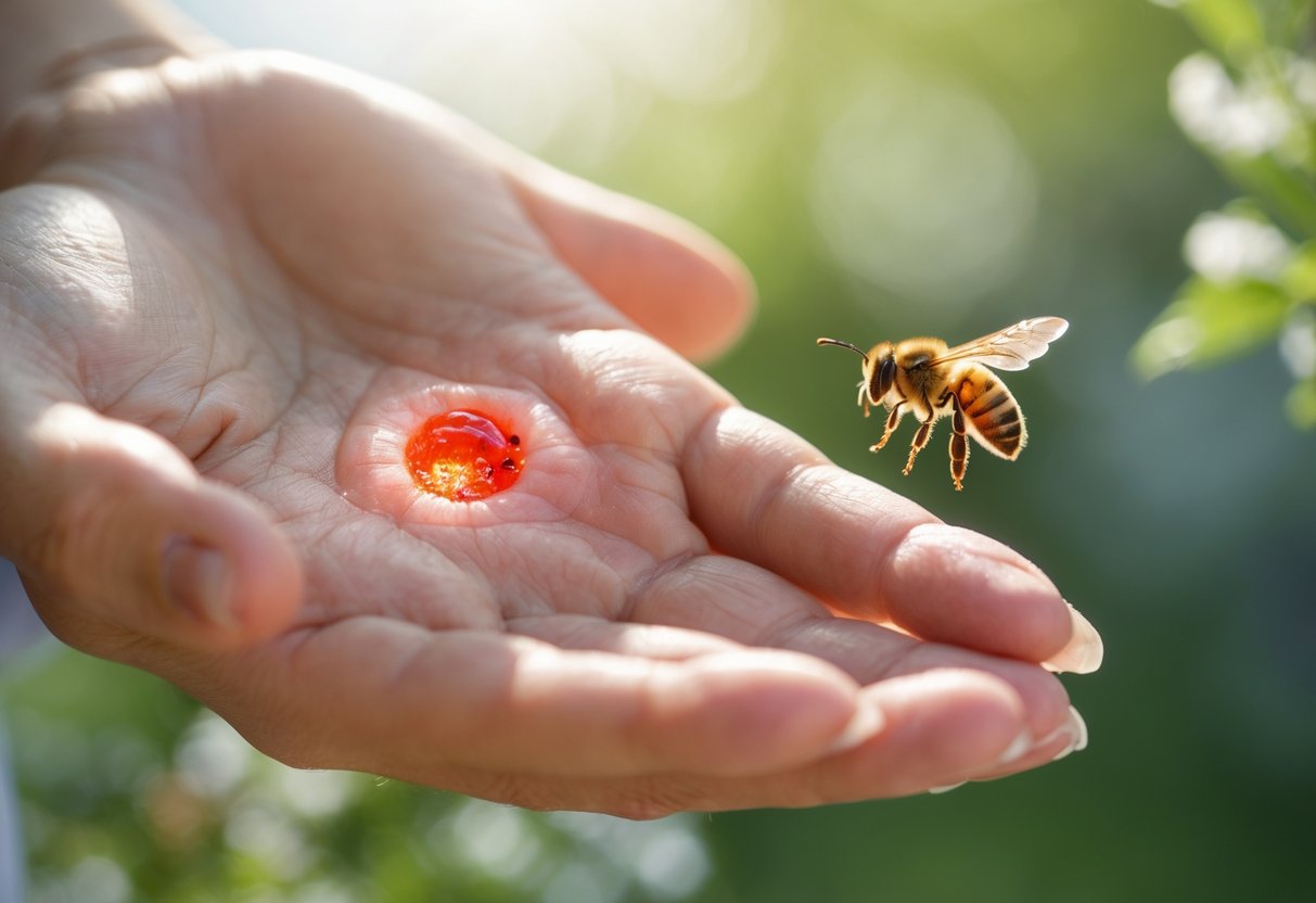 A close-up of a hand with a red, swollen area from a bee sting and a bee flying nearby outdoors.