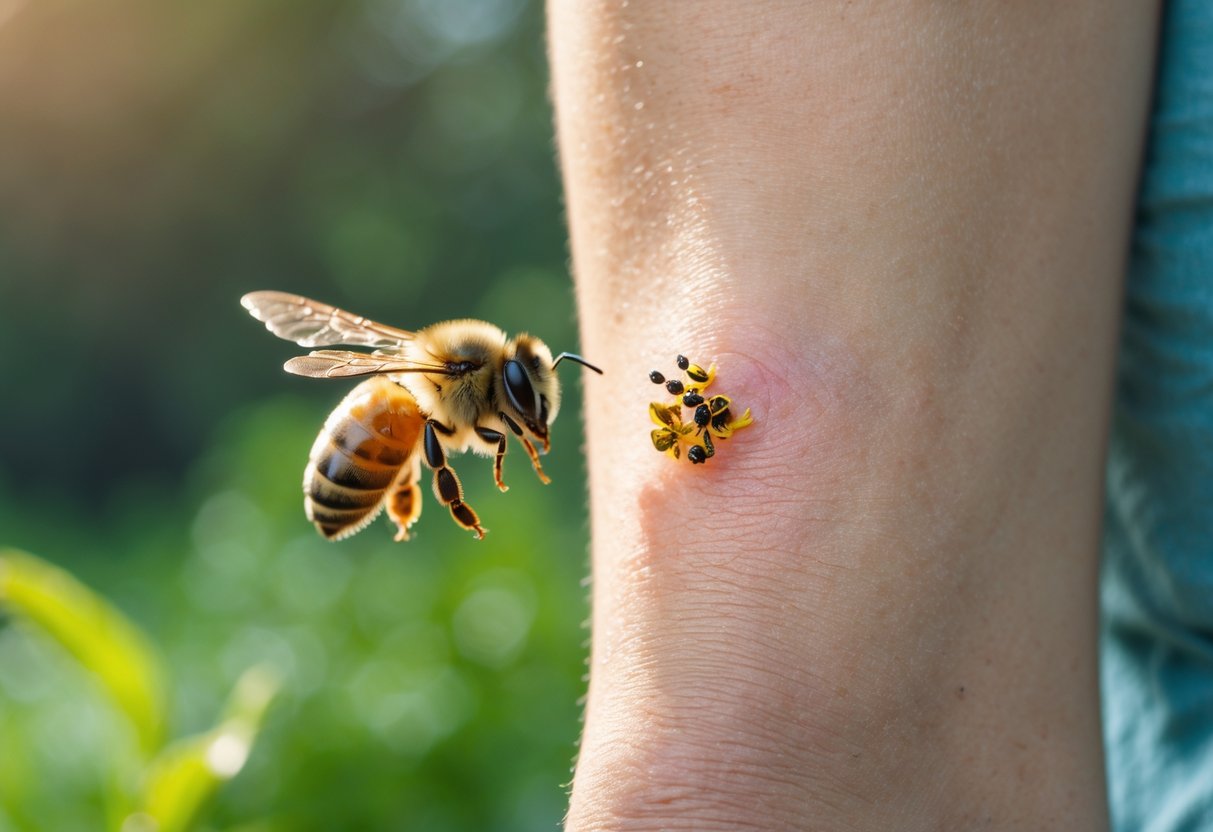 Close-up of a person's arm with a bee sting and a honeybee flying nearby in an outdoor setting.