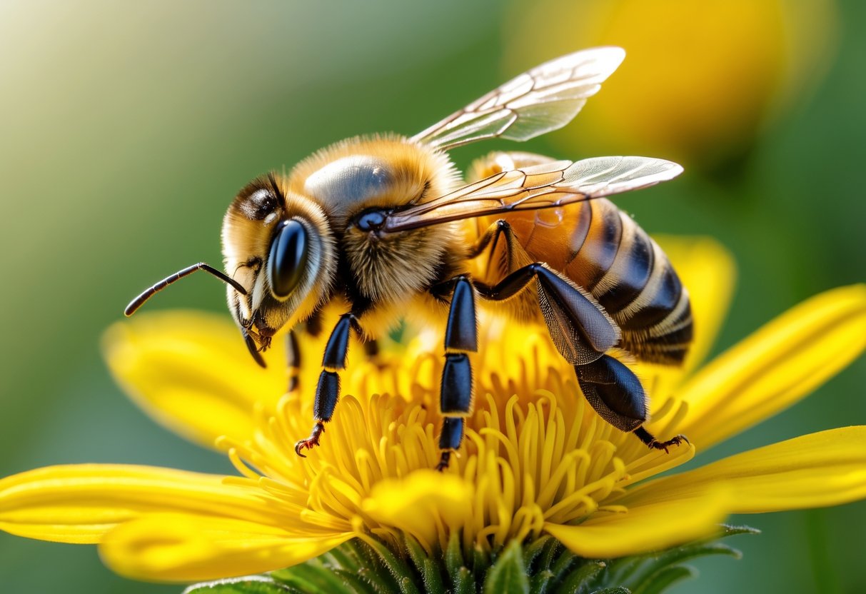 Close-up of a honey bee on a yellow flower showing detailed features of its body.