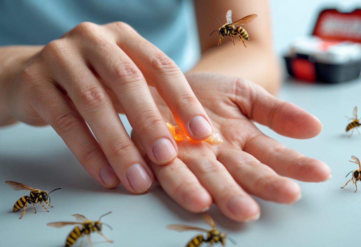 Close-up of a person's hand with a wasp sting showing redness and swelling, with a concerned person touching the area and wasps flying nearby.