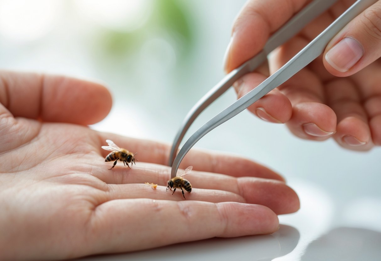 A close-up of a person gently removing a small bee sting from their skin using tweezers.