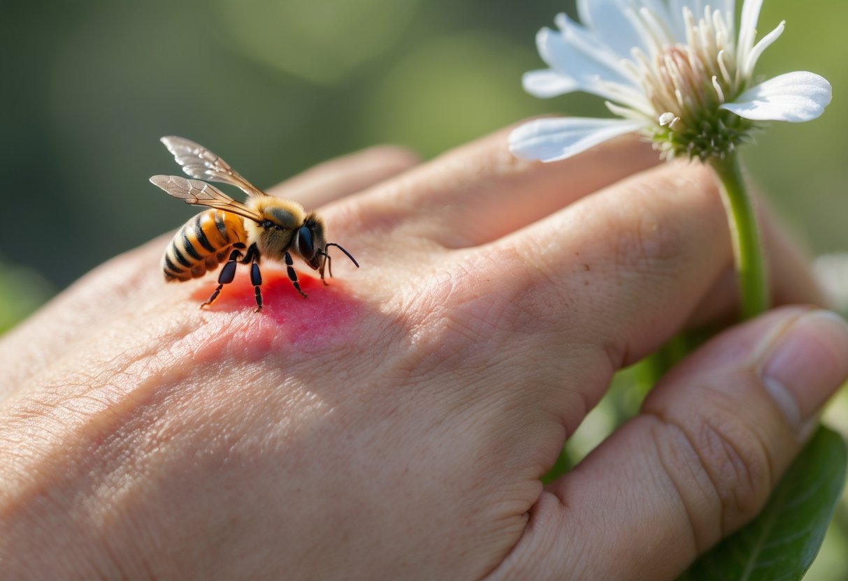 Close-up of a hand with a red swollen sting and a queen bee perched nearby on a leaf.