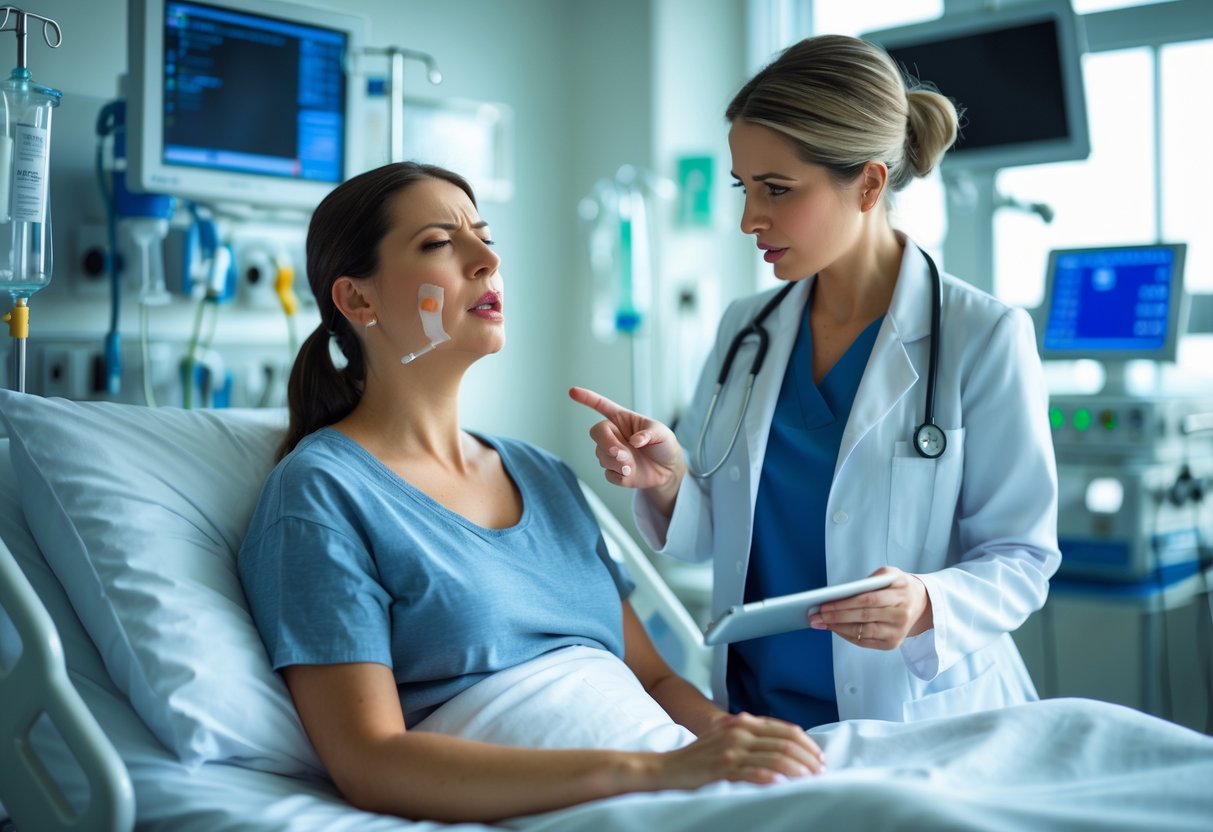 A woman sitting on a hospital bed with a nurse explaining something in an emergency room.