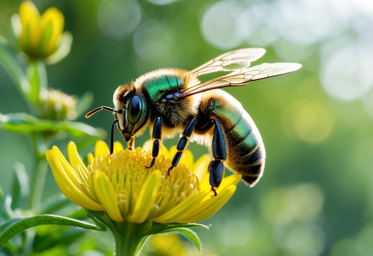 A close-up of a sweat bee resting on a yellow flower with green leaves in the background.