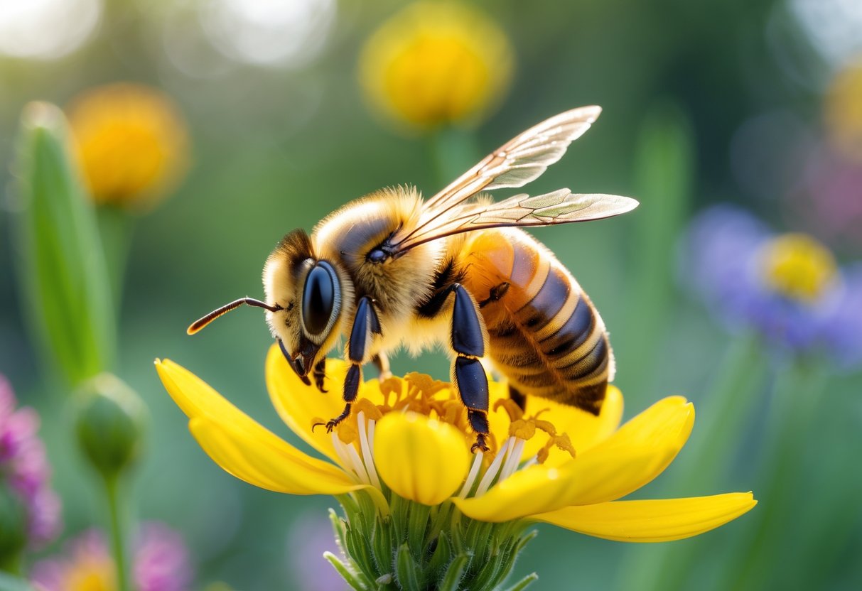 A close-up of a honey bee on a yellow flower collecting pollen in a garden.