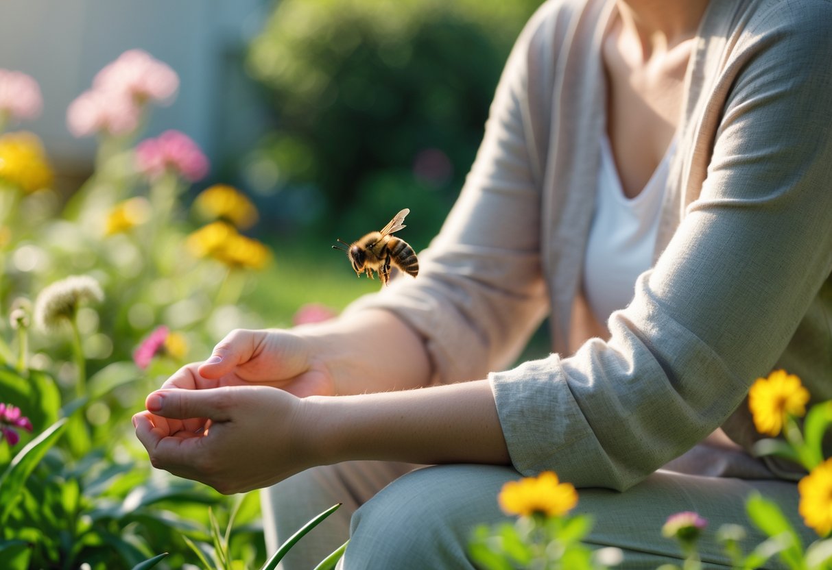 A person calmly sitting outdoors with a bee resting on their hand surrounded by flowers.