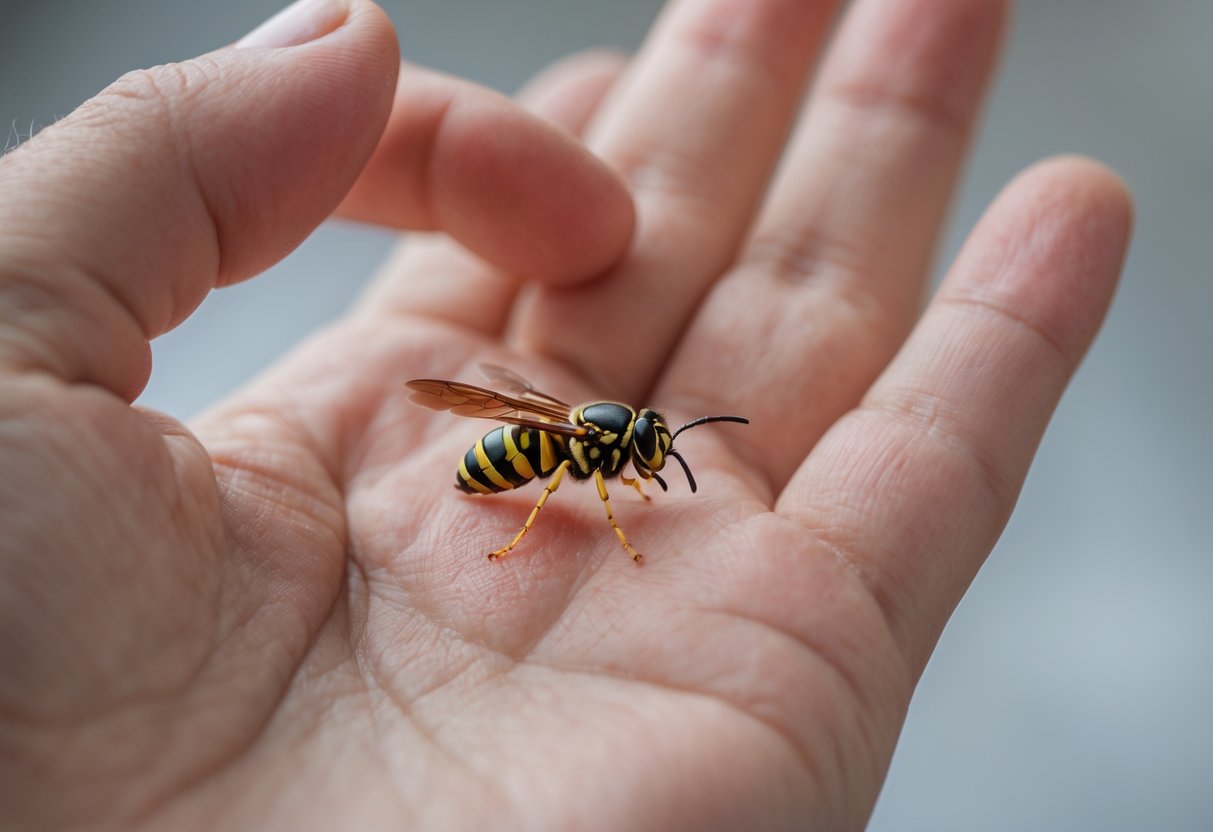Close-up of a person's hand with a red, swollen wasp sting being gently touched by the other hand.