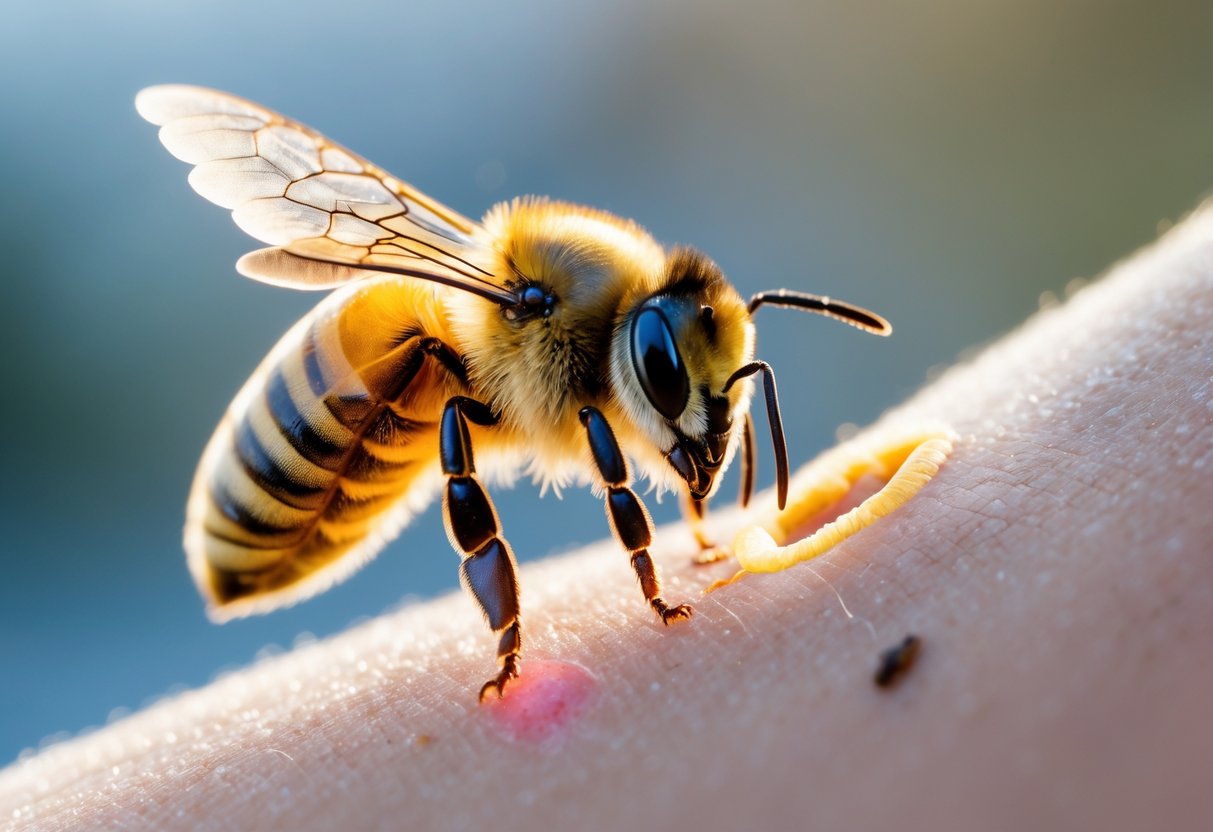 Close-up of a honey bee near human skin with its stinger embedded, showing slight redness around the sting.