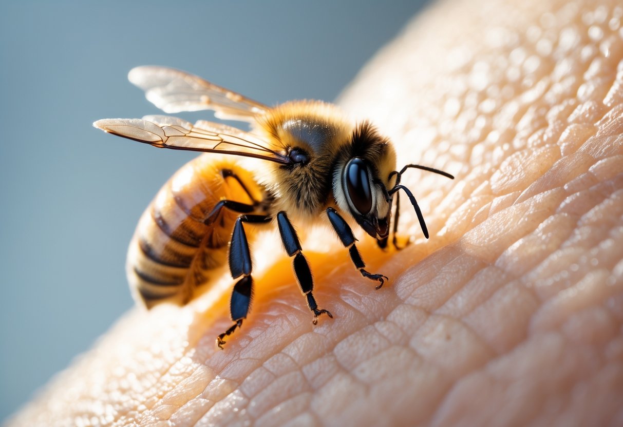 A close-up of a honeybee biting human skin.