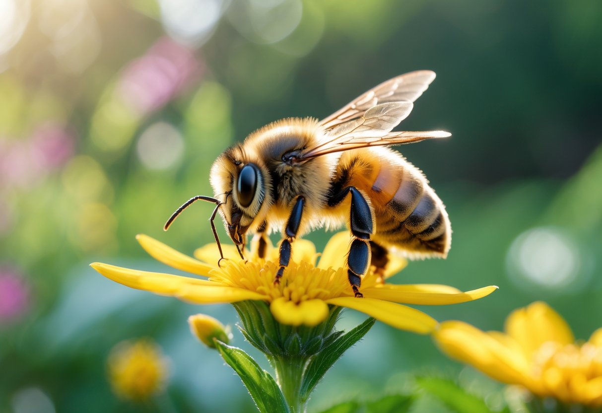 A close-up of a bee gently resting on a yellow flower with green foliage in the background.