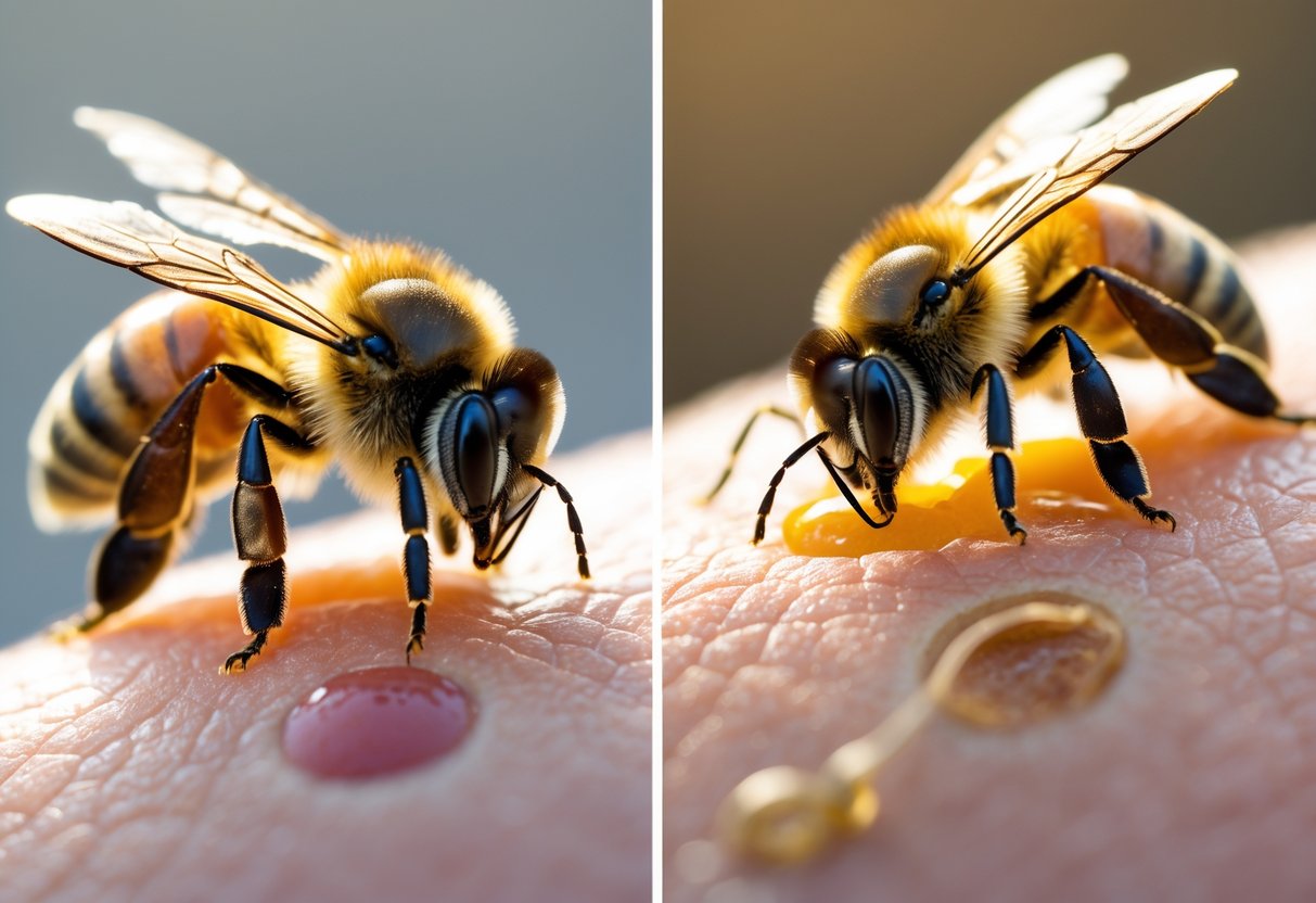 Close-up of a bee biting human skin on one side and a bee stinging human skin on the other side, showing differences in skin reactions.