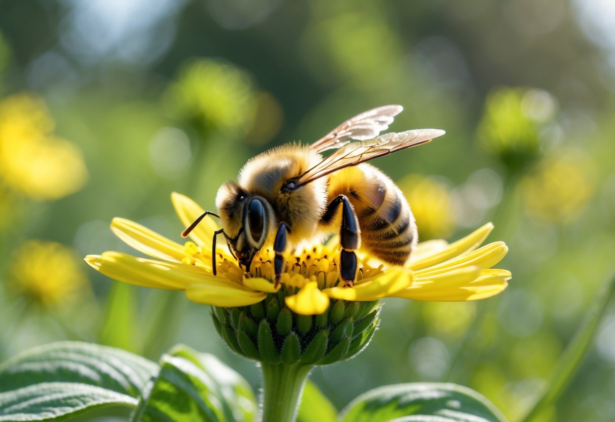 A close-up of a honeybee sitting on a yellow flower in a garden.
