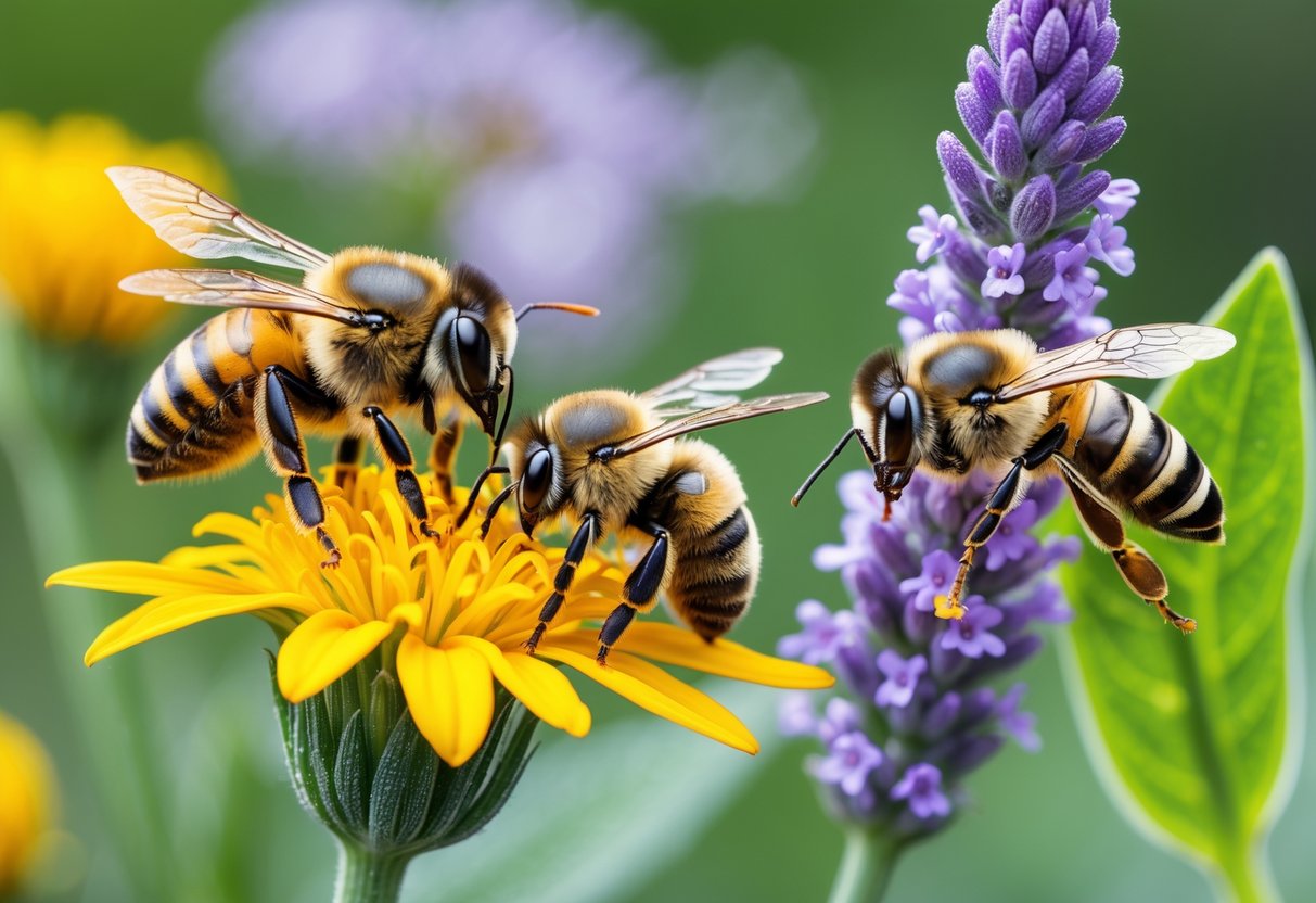 Close-up of a honeybee, bumblebee, and solitary wasp on flowers and leaves in a garden setting.
