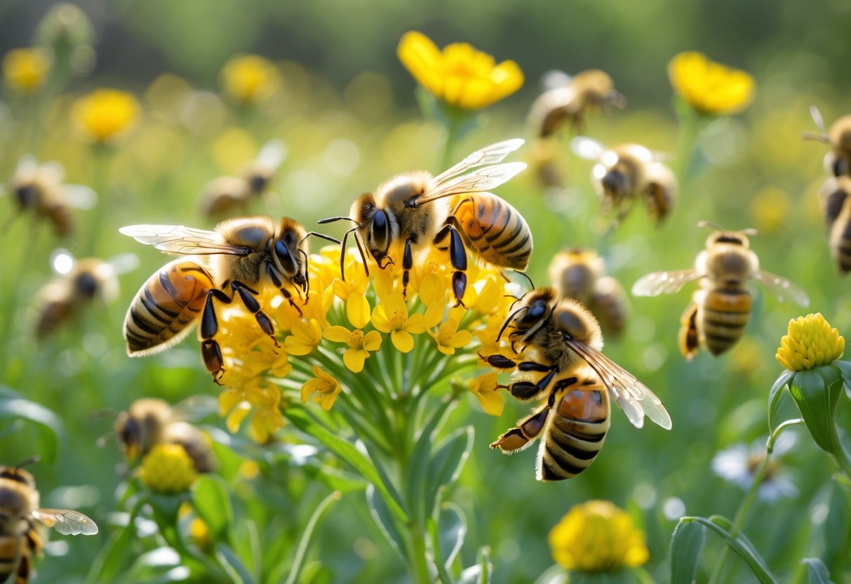 A swarm of honeybees clustered on a yellow flower in a green meadow.