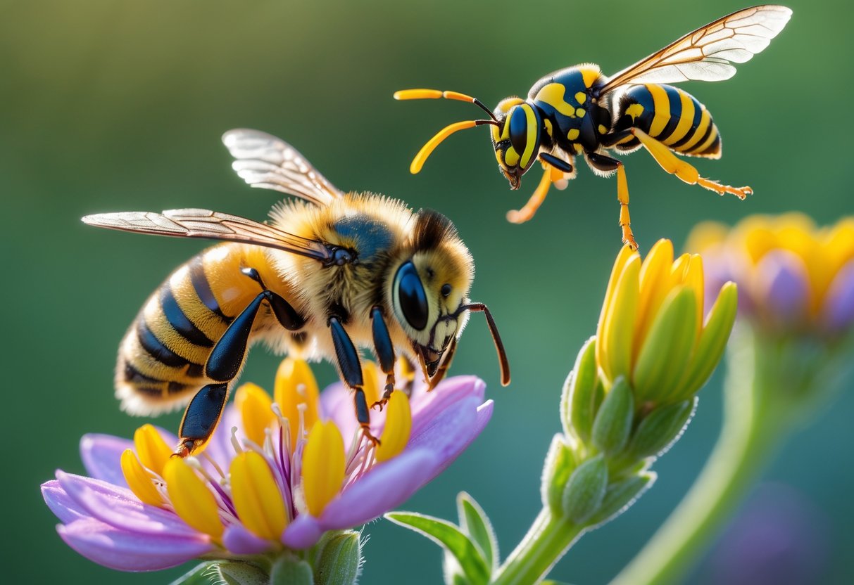 A close-up of a bee and a wasp near colorful flowers outdoors.