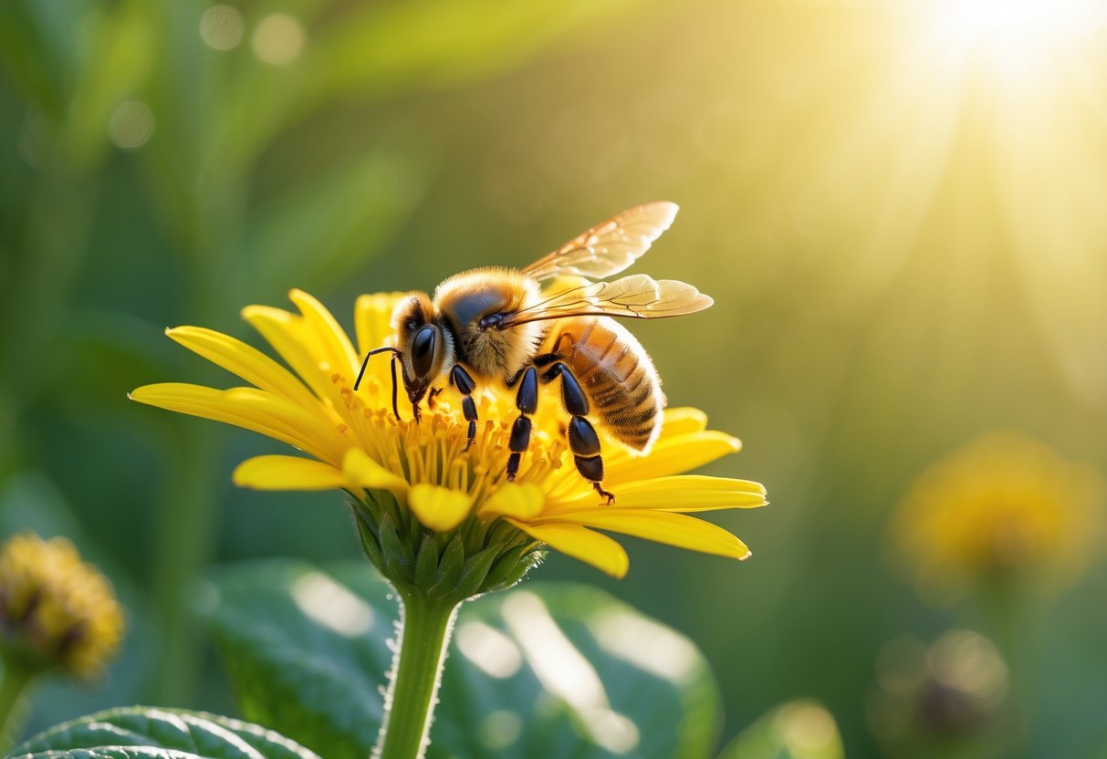 A honeybee resting on a yellow flower with green leaves in the background.